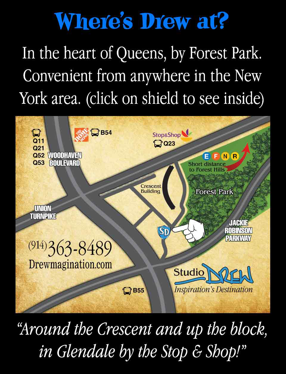 Location map of Studio Drew. Inspiration's destination. Around the Crescent and up the block, in Glendale by the Stop & Shop.